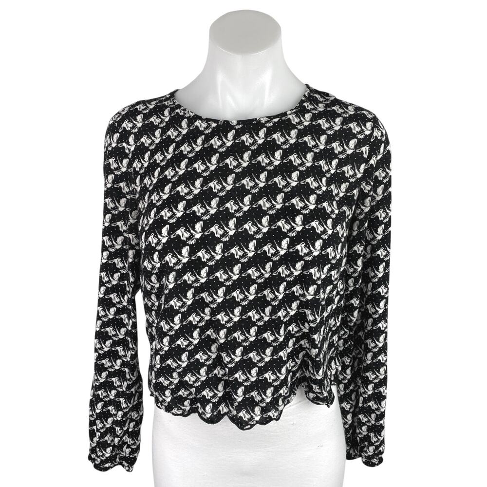 Aeropostale Black Animal Bird Print Long Sleeve Crop Shirt Blouse Top Size S